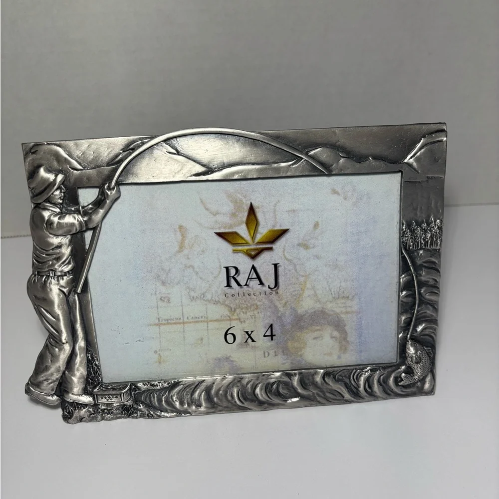 RAJ Fishing Themed Picture Photo Frame Metal Heavy Raised Fisherman Pole Fish